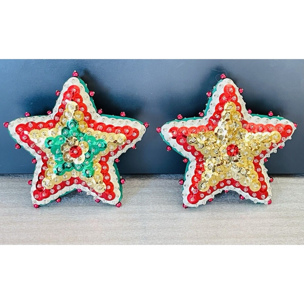 VTG Lot of 2 Multicolor Handmade Beaded Sequin Star Christmas Ornaments 3.5"